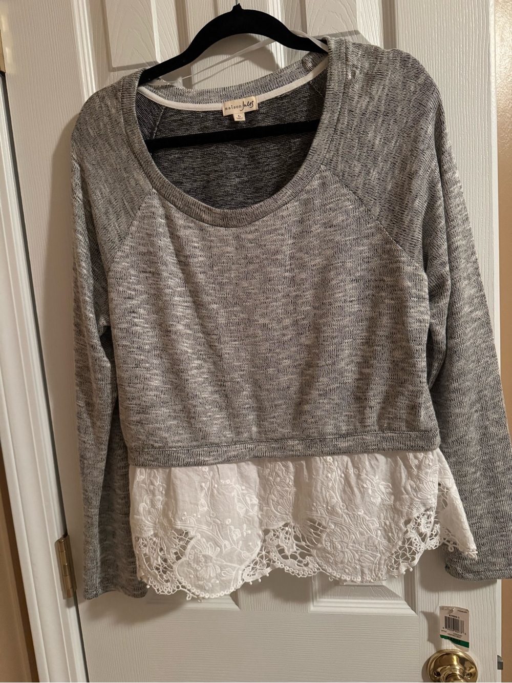 Maison Jules Gray Knit Sweatshirt with White Lace Hem